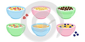 Cereal milk breakfast in bowl vector icon, cornflakes and porridge oatmeal, granola. Healthy food plate set. Sweet kids eating