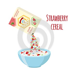 Cereal rings box, strawberry with bowl. Oatmeal breakfast with milk