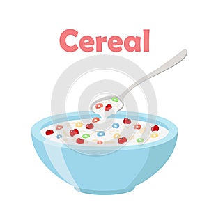 Cereal rings, cherry, spoon and bowl. Oatmeal breakfast with milk