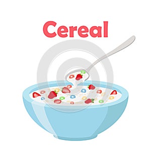 Cereal rings, strawberry, spoon and bowl. Oatmeal breakfast with milk