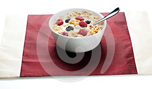 Cereals blackberries and milk in bowl 02