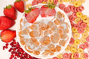 Cereals drenched in milk - quick breakfast with fruits and berries, top view