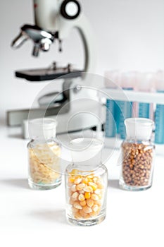 Cereals in glass vials for analysis in laboratory