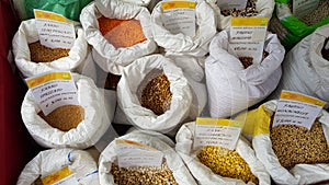 Cereals lentils, spelled, beans, broad beans at the Castelluccio market. Castelluccio di Norcia. Apennines, Umbria, Italy
