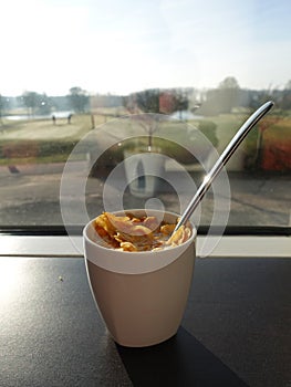 Cereals with milk in a white cup on the window
