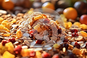 Cereals muesli and raisins background, healthy eating ingredients wallpaper. Generative AI