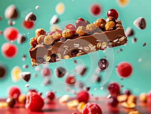 Cereals and red fruits bar chocolate covered, floating and isolated on a green background