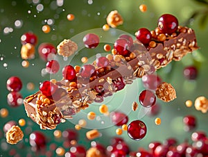 Cereals and red fruits bar chocolate covered, floating and isolated on a green background