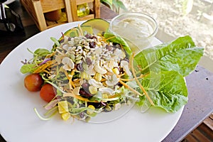 Cereals and vegetables salad in the dish