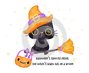 Cerebrate Halloween with A cute black cat wearing a witch hat, flying on a broomstick. This charming watercolor artwork captures