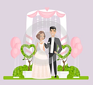 Ceremonial arch with wedding couple flat vector illustration