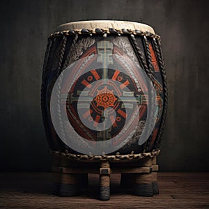 A ceremonial drum used in African religious rituals, adorned with symbols and colors