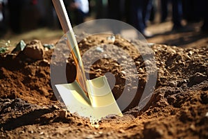 a ceremonial gold-painted spade for a groundbreaking