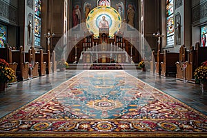 The ceremonial unveiling of the new carpet at the altar: a symbolic action in the decoration of the sanctuary.