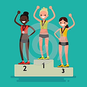 Ceremony of awarding medals. Three female athletes on the pedestal. Vector illustration photo