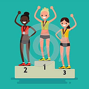 Ceremony of awarding medals. Three female athletes on the pedestal. Vector illustration