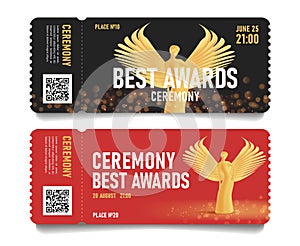 Ceremony event admission tickets with golden statuette of beautiful woman with wings, torn-off part with place and seat