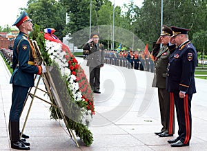 The ceremony of laying flowers and wreaths at the Tomb of the Unknown Soldier during Memorial Day and sorrow.