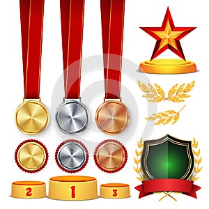 Ceremony Winner Honor Prize. Trophy Awards Cups, Golden Laurel Wreath With Red Ribbon And Gold Shield, Medals Template