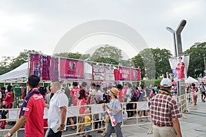 Cerezo Osaka Soccer team fans buying souvenirs at Yanmar Stadium Nagai, Osaka Japan