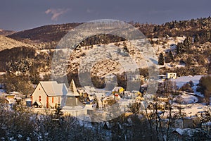 Cerin church in Polana mountains after snowfall