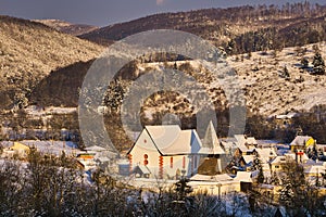 Cerin church in Polana mountains after snowfall