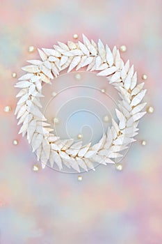 Cerithium White Seashell and Pearl Wreath on Rainbow Sky