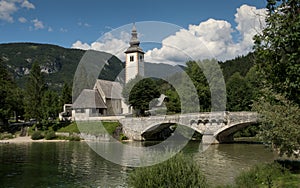 Cerkev Sv. Janeza Krstnika church in RibÄev Laz on Bohinj lake in Triglav national park in Slovenia