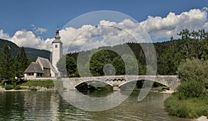 Cerkev Sv. Janeza Krstnika church in RibÄev Laz on Bohinj lake in Triglav national park in Slovenia