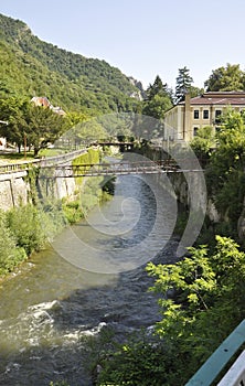 Cerna River landscape in Baile Herculane Resort in Romania