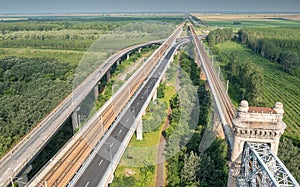 Cernavoda Bridge over Danube. Aerial view of this landmark construction in Romania on A2 highway