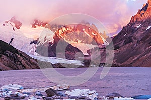 Cerro Torre coming out from the clouds at Laguna Torre