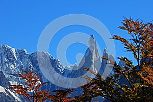 Cerro Torre mountain in autumn colors. Los Glaciares National park, Argentina, background mountain in focus