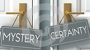 Certainty or mystery as a choice in life - pictured as words mystery, certainty on doors to show that mystery and certainty are photo