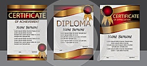 Certificate of achievement, appreciation, diploma vertical template. Set red and gold. Reward. Award winner. Winning photo