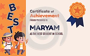 Certificate of achievement best student in school kids orange color badge design template with kids children