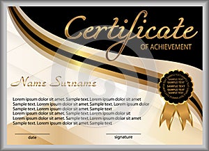 Certificate of achievement, diploma. Reward. Winning the competition. Award winner. Gold and black decorative elements. Vector