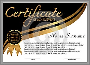 Certificate of achievement, diploma. Reward. Winning the competition. Award winner. Gold and black decorative elements. Vector