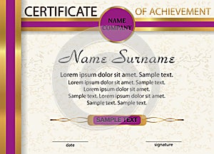 Certificate of achievement, diploma. Template with gold and purple ribbon. Reward. Winning the competition. Award winner. Vector