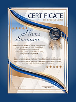 Certificate of achievement, diploma vertical template. Winning the competition. Award winner. Reward. Blue decorative elements