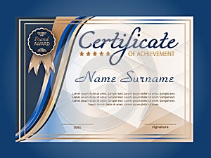 Certificate of achievement, diploma. Winning the competition. Reward. Award winner. Blue decorative elements background. Vector