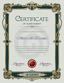 Certificate of Achievement Portrait with Antique Vintage Ornament Frame