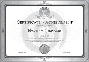 Certificate of achievement template with award ribbon on abstract guilloche background with vintage border style