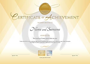 Certificate of achievement template in gold theme with gold wax