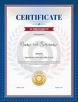 Certificate of achievement template in red and blue border