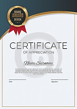 Certificate of achievement template set Background with gold badge and border. Award diploma design blank. Vector Illustration