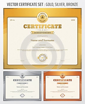 Certificate of achievement template in vector in gold silver and