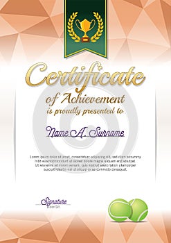 Certificate of Achievement. Tennis Certificate. Portrait.