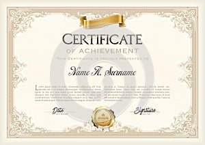 Certificate of Achievement Vintage Frame with Gold Ribbon. Landscape.