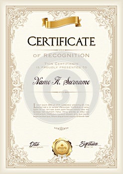 Certificate of Achievement Vintage Frame with Gold Ribbon. Portrait.